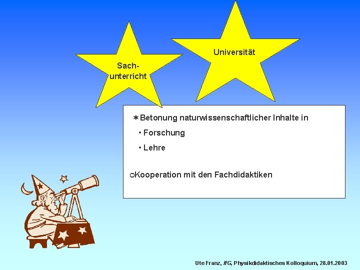 Universität Sachunterricht ¬Betonung naturwissenschaftlicher Inhalte in • Forschung • Lehre ¢Kooperation mit den Fachdidaktiken