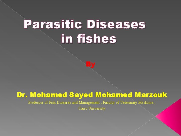 Parasitic Diseases in fishes By Dr. Mohamed Sayed Mohamed Marzouk Professor of Fish Diseases