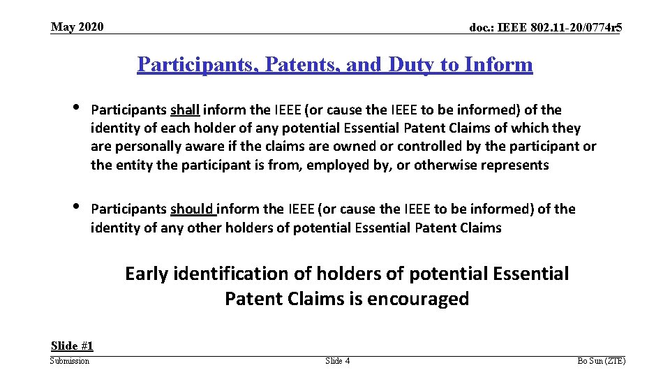 May 2020 doc. : IEEE 802. 11 -20/0774 r 5 Participants, Patents, and Duty