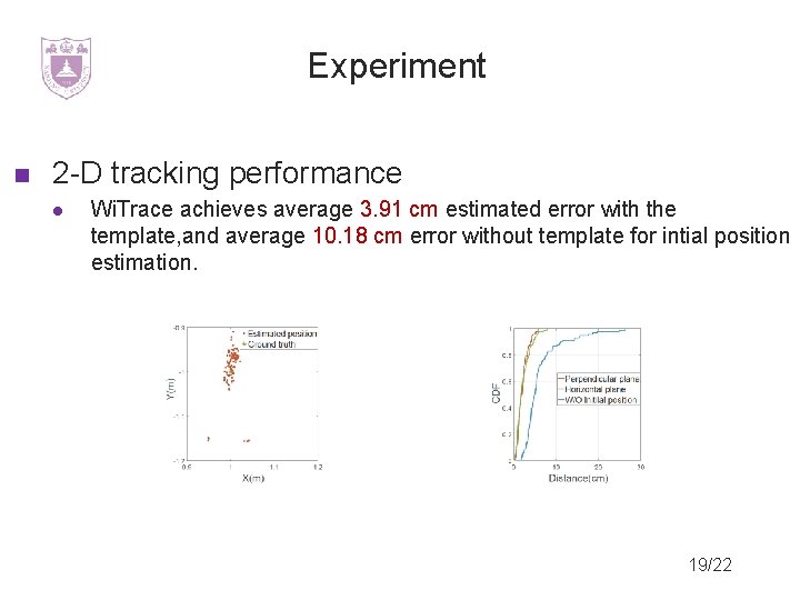 Experiment 2 -D tracking performance Wi. Trace achieves average 3. 91 cm estimated error