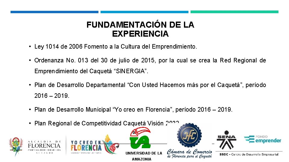 FUNDAMENTACIÓN DE LA EXPERIENCIA • Ley 1014 de 2006 Fomento a la Cultura del