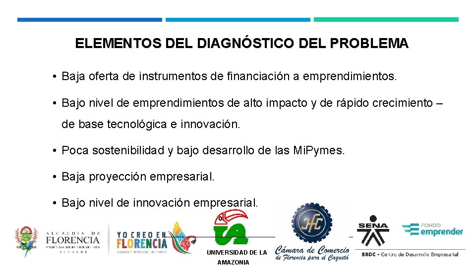 ELEMENTOS DEL DIAGNÓSTICO DEL PROBLEMA • Baja oferta de instrumentos de financiación a emprendimientos.