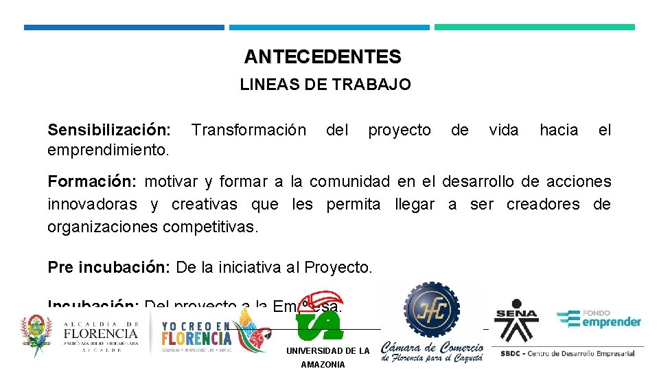 ANTECEDENTES LINEAS DE TRABAJO Sensibilización: emprendimiento. Transformación del proyecto de vida hacia el Formación: