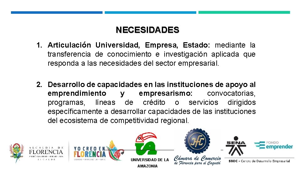 NECESIDADES 1. Articulación Universidad, Empresa, Estado: mediante la transferencia de conocimiento e investigación aplicada