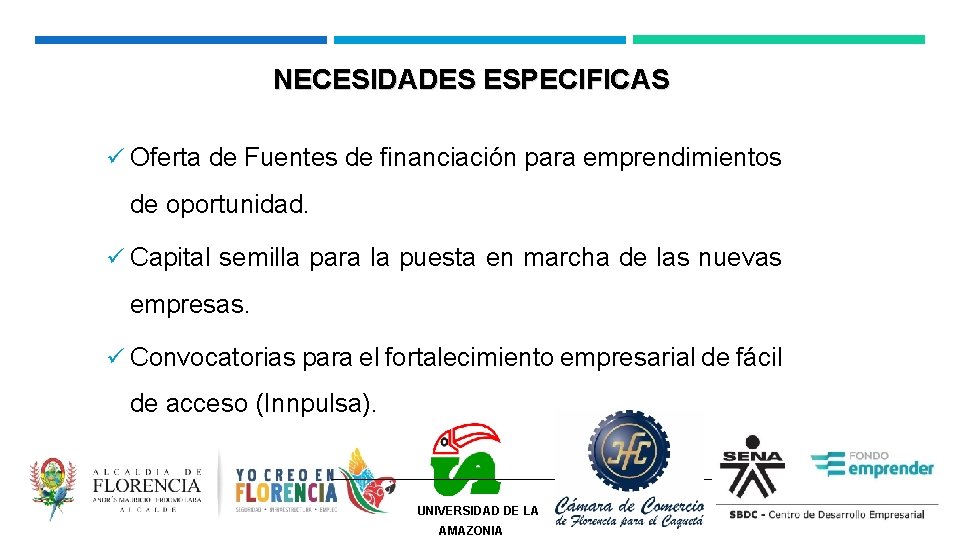 NECESIDADES ESPECIFICAS ü Oferta de Fuentes de financiación para emprendimientos de oportunidad. ü Capital