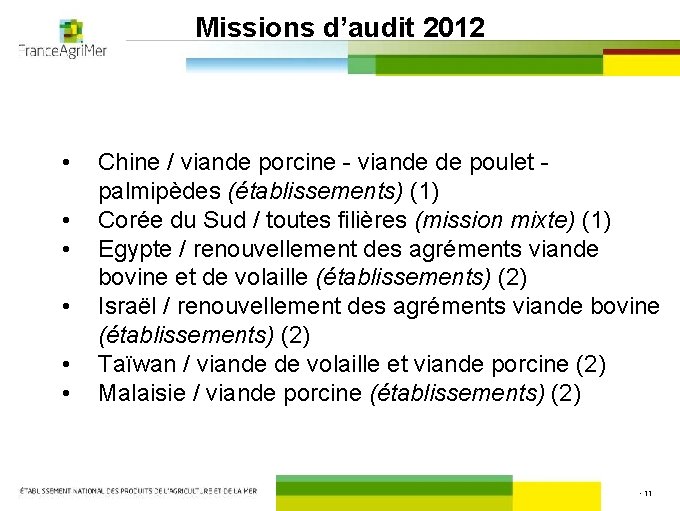 Missions d’audit 2012 • • • Chine / viande porcine - viande de poulet