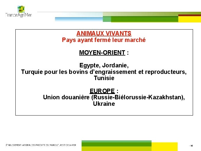 ANIMAUX VIVANTS Pays ayant fermé leur marché MOYEN-ORIENT : Egypte, Jordanie, Turquie pour les