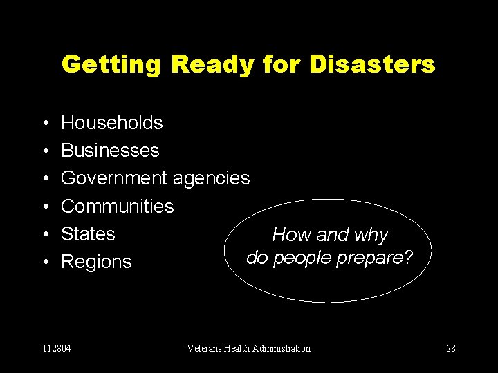 Getting Ready for Disasters • • • Households Businesses Government agencies Communities States How