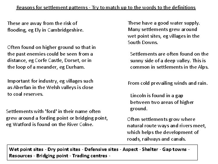 Reasons for settlement patterns - Try to match up to the words to the