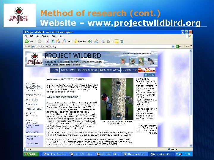 Method of research (cont. ) Website – www. projectwildbird. org 