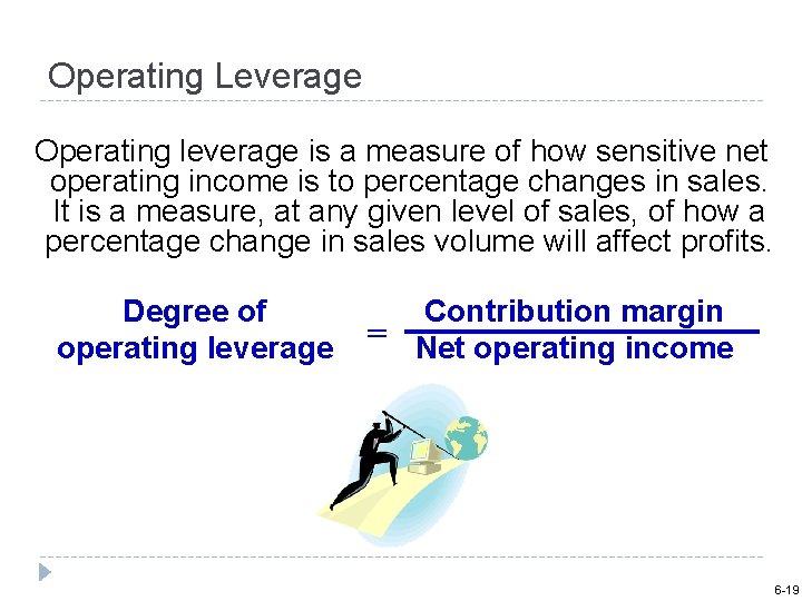 Operating Leverage Operating leverage is a measure of how sensitive net operating income is