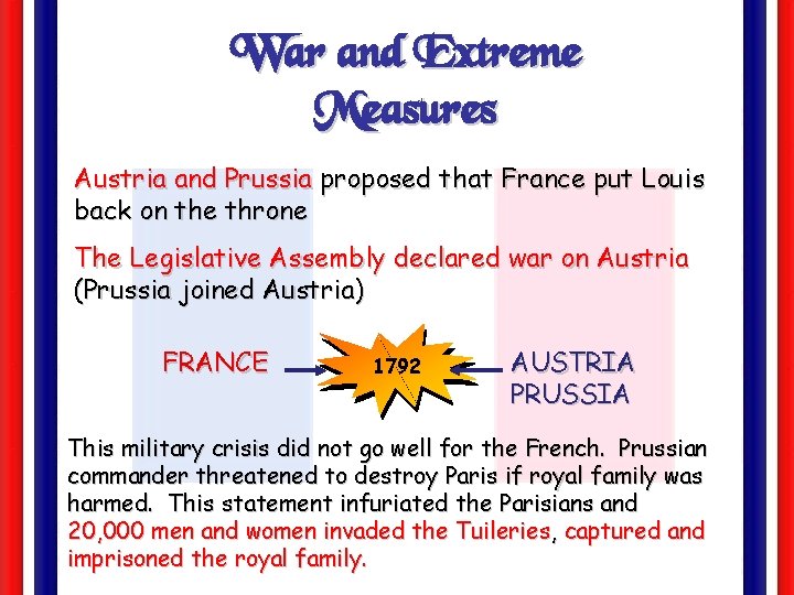 War and Extreme Measures Austria and Prussia proposed that France put Louis back on