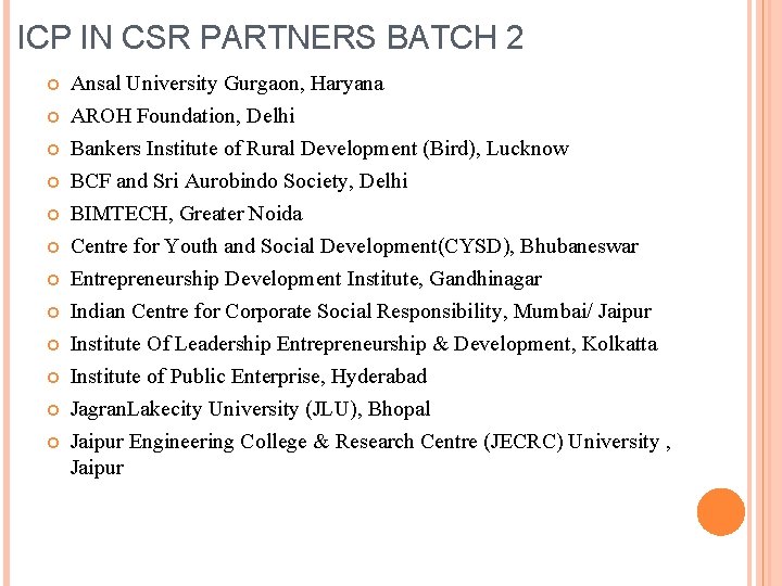 ICP IN CSR PARTNERS BATCH 2 Ansal University Gurgaon, Haryana AROH Foundation, Delhi Bankers