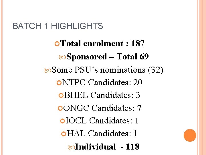 BATCH 1 HIGHLIGHTS Total enrolment : 187 Sponsored – Total 69 Some PSU’s nominations