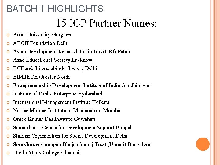 BATCH 1 HIGHLIGHTS 15 ICP Partner Names: Ansal University Gurgaon AROH Foundation Delhi Asian