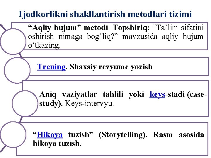 Ijodkorlikni shakllantirish metodlari tizimi “Aqliy hujum” metodi. Topshiriq: “Ta’lim sifatini oshirish nimaga bog‘liq? ”