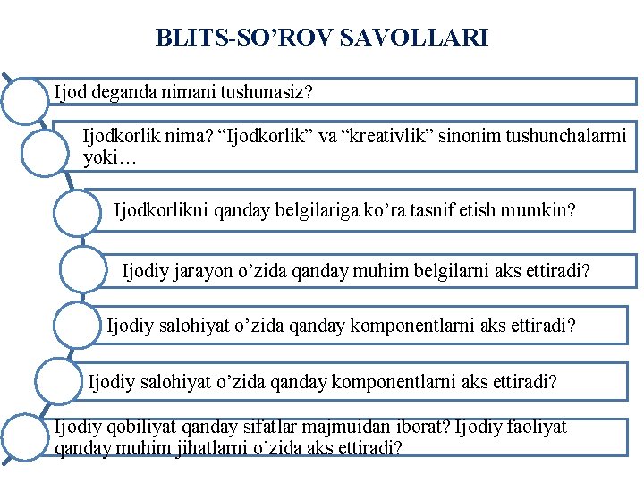 BLITS-SO’ROV SAVOLLARI Ijod deganda nimani tushunasiz? Ijodkorlik nima? “Ijodkorlik” va “kreativlik” sinonim tushunchalarmi yoki…