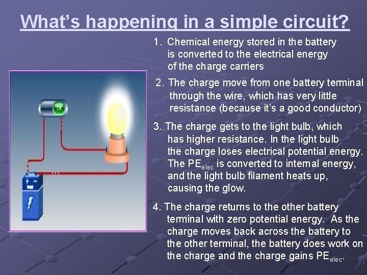 What’s happening in a simple circuit? 1. Chemical energy stored in the battery is What’s happening in a simple circuit? 1. Chemical energy stored in the battery is