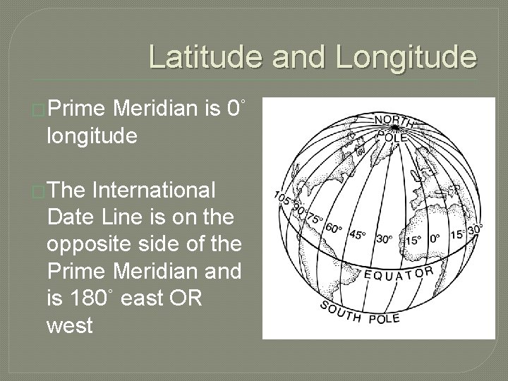 Latitude and Longitude �Prime Meridian is 0˚ longitude �The International Date Line is on