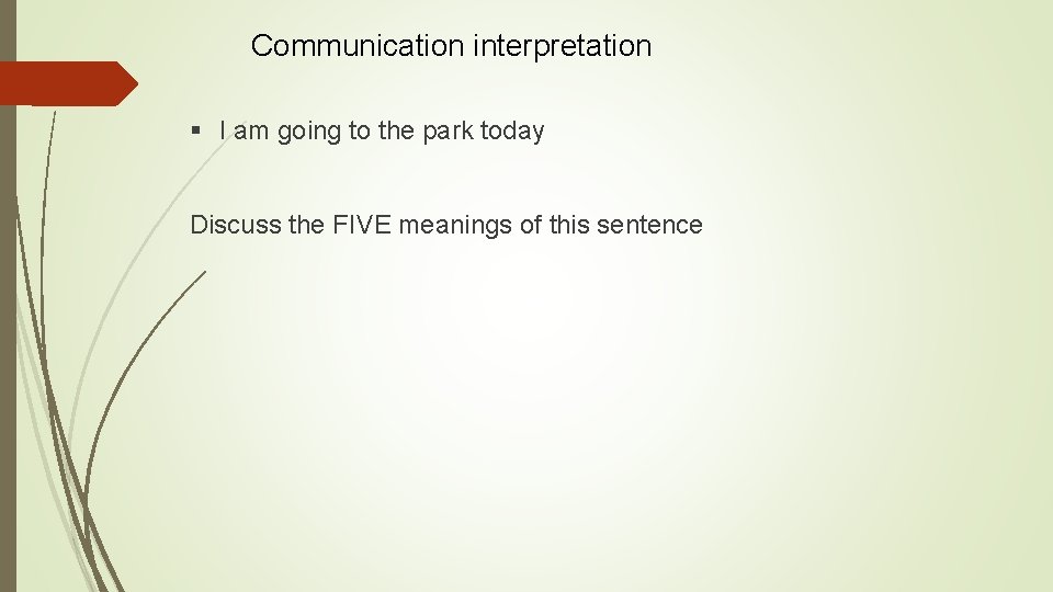 Communication interpretation § I am going to the park today Discuss the FIVE meanings Communication interpretation § I am going to the park today Discuss the FIVE meanings