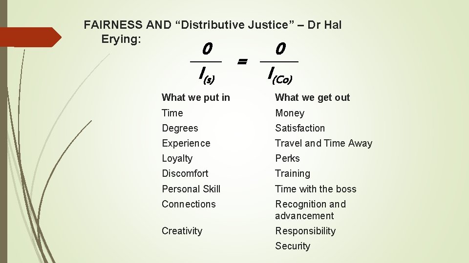FAIRNESS AND “Distributive Justice” – Dr Hal Erying: 0 I(s) = 0 I(Co) What FAIRNESS AND “Distributive Justice” – Dr Hal Erying: 0 I(s) = 0 I(Co) What