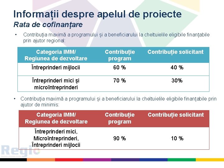 Informații despre apelul de proiecte Rata de cofinanțare • • Contribuția maximă a programului