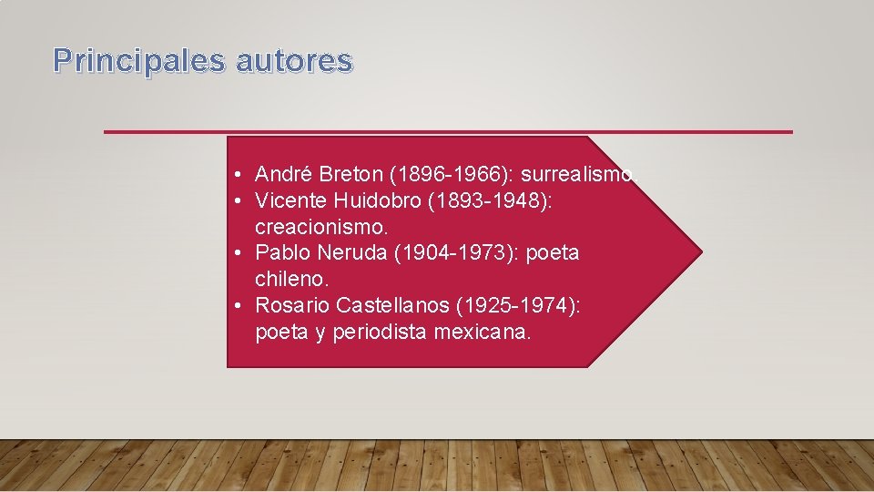Principales autores • André Breton (1896 -1966): surrealismo. • Vicente Huidobro (1893 -1948): creacionismo.