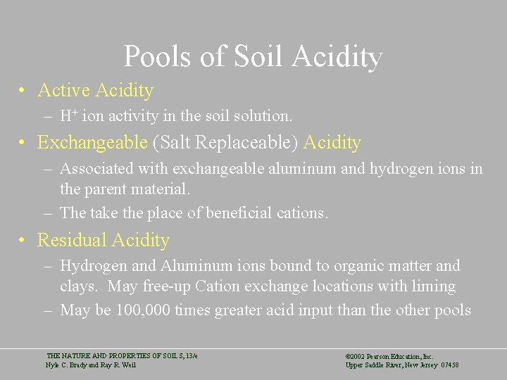 Pools of Soil Acidity • Active Acidity – H+ ion activity in the soil