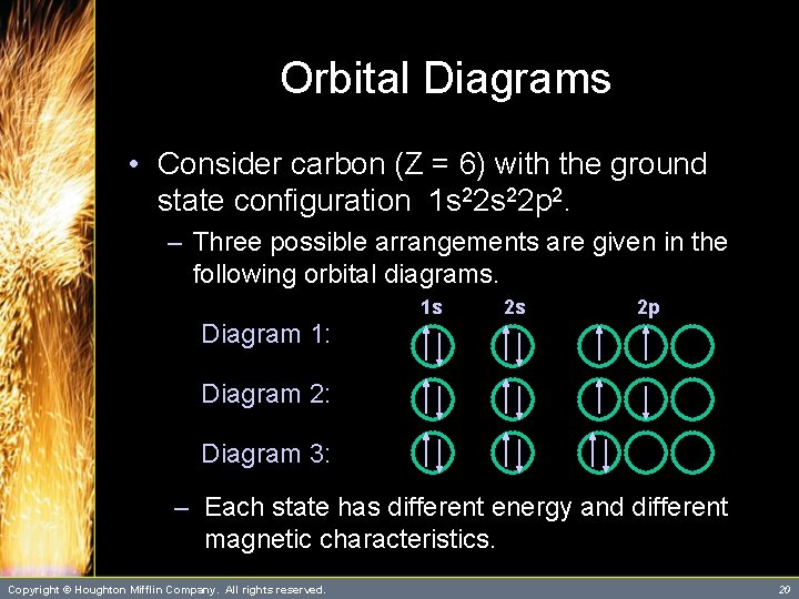 Orbital Diagrams • Consider carbon (Z = 6) with the ground state configuration 1