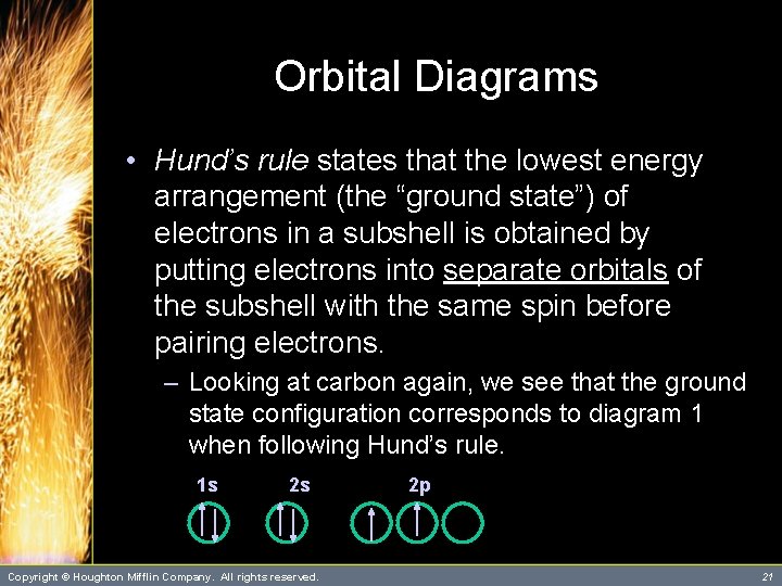 Orbital Diagrams • Hund’s rule states that the lowest energy arrangement (the “ground state”)