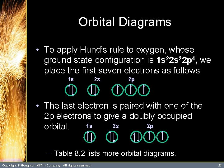 Orbital Diagrams • To apply Hund’s rule to oxygen, whose ground state configuration is