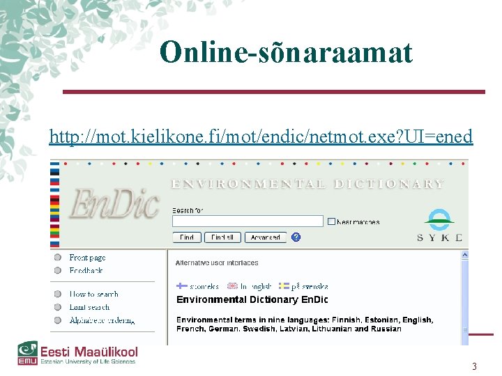 Online-sõnaraamat http: //mot. kielikone. fi/mot/endic/netmot. exe? UI=ened 3 