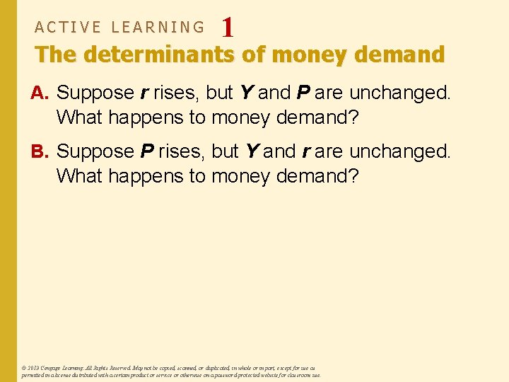 ACTIVE LEARNING 1 The determinants of money demand A. Suppose r rises, but Y