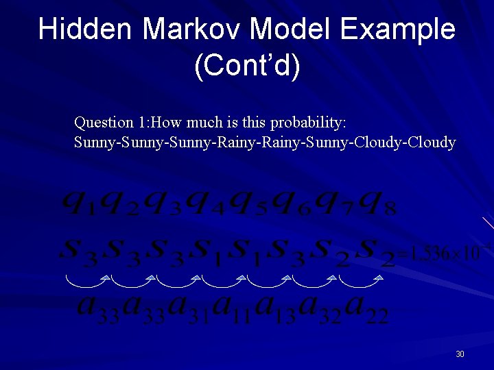 Hidden Markov Model Example (Cont’d) Question 1: How much is this probability: Sunny-Sunny-Rainy-Sunny-Cloudy 30