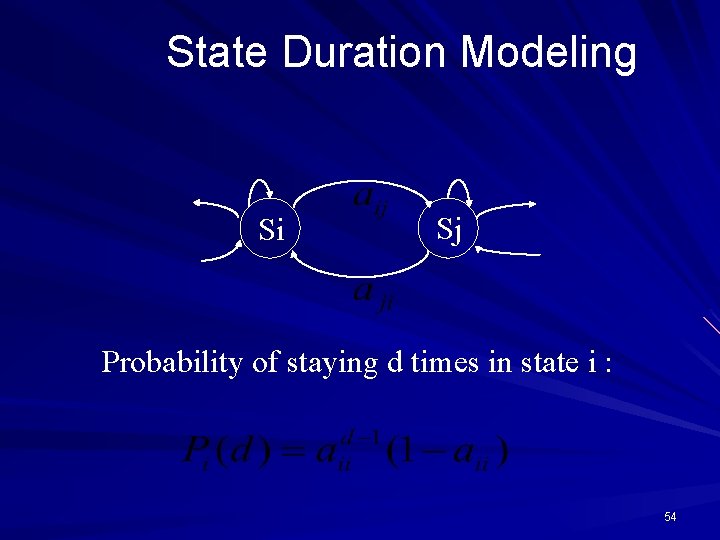 State Duration Modeling Si Sj Probability of staying d times in state i :