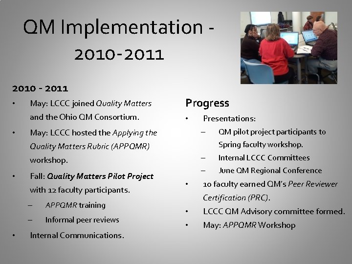 QM Implementation 2010 -2011 2010 - 2011 • • May: LCCC joined Quality Matters