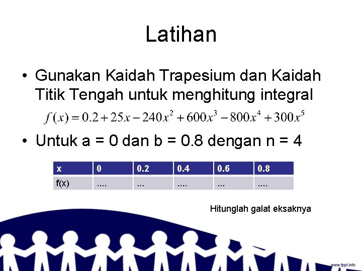 Latihan • Gunakan Kaidah Trapesium dan Kaidah Titik Tengah untuk menghitung integral • Untuk