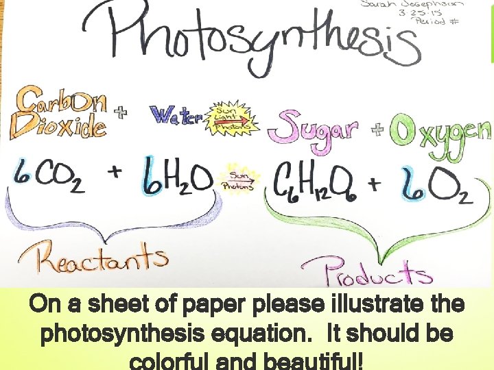 On a sheet of paper please illustrate the photosynthesis equation. It should be 
