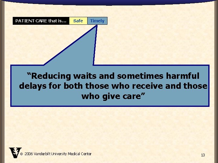 PATIENT CARE that is… Safe Timely “Reducing waits and sometimes harmful delays for both