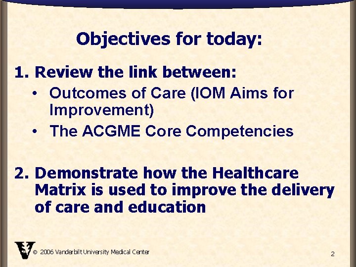 Objectives for today: 1. Review the link between: • Outcomes of Care (IOM Aims