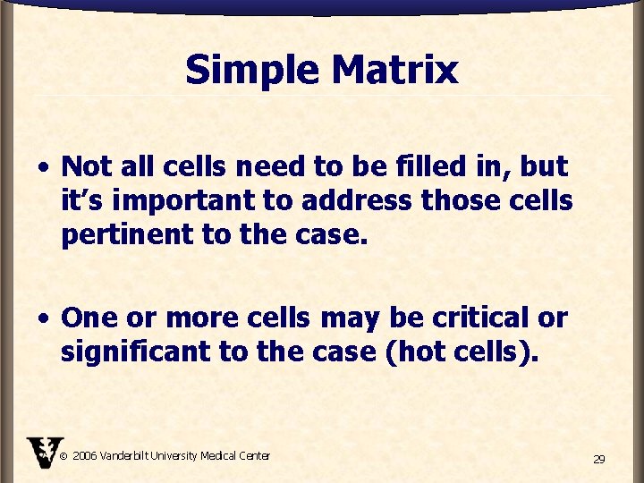 Simple Matrix • Not all cells need to be filled in, but it’s important