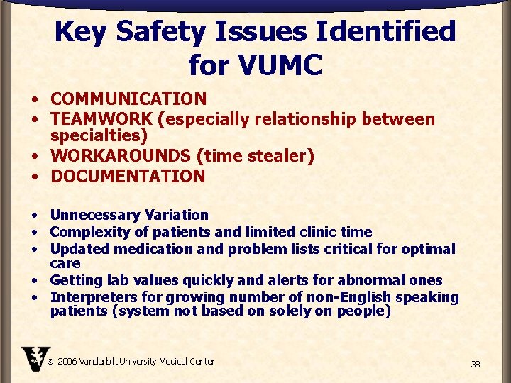Key Safety Issues Identified for VUMC • COMMUNICATION • TEAMWORK (especially relationship between specialties)