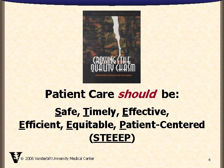 Patient Care should be: Safe, Timely, Effective, Efficient, Equitable, Patient-Centered (STEEEP) 2006 Vanderbilt University