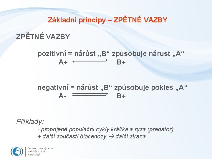 Základní principy – ZPĚTNÉ VAZBY pozitivní = nárůst „B“ způsobuje nárůst „A“ A+ B+