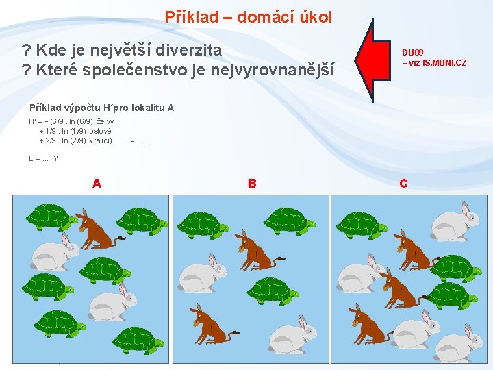 Příklad – domácí úkol ? Kde je největší diverzita ? Které společenstvo je nejvyrovnanější