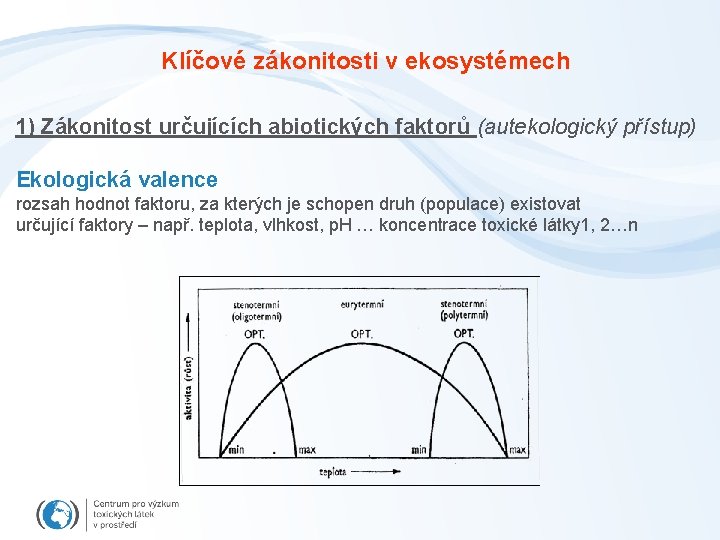 Klíčové zákonitosti v ekosystémech 1) Zákonitost určujících abiotických faktorů (autekologický přístup) Ekologická valence rozsah