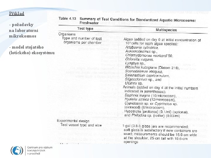 Příklad - požadavky na laboratorní mikrokosmos - model stojatého (lotického) ekosystému 