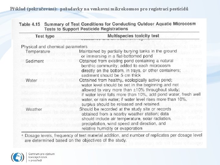 Příklad (pokračování): požadavky na venkovní mikrokosmos pro registraci pesticidů 