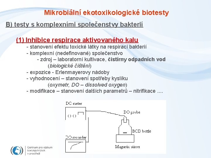 Mikrobiální ekotoxikologické biotesty B) testy s komplexními společenstvy bakterií (1) Inhibice respirace aktivovaného kalu