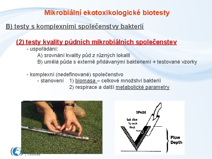 Mikrobiální ekotoxikologické biotesty B) testy s komplexními společenstvy bakterií (2) testy kvality půdních mikrobiálních